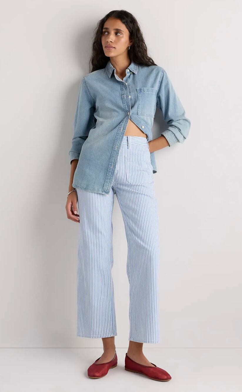 QUINCE Bella Stretch Patch Pocket Wide Leg Jeans in Railroad Stripe Size 29 NEW